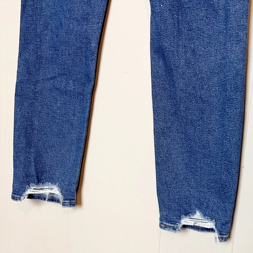 American Eagle Curvy Mom Jeans 4 X-LONG High Waisted Ripped Blue‎ Denim Stretch